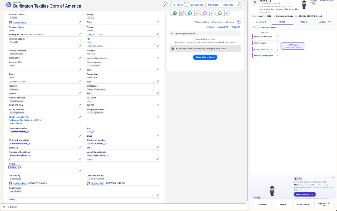 A Salesforce record page with Marco's API-name overlay chips under each field, and the Marco side panel showing a custom field's dependency graph